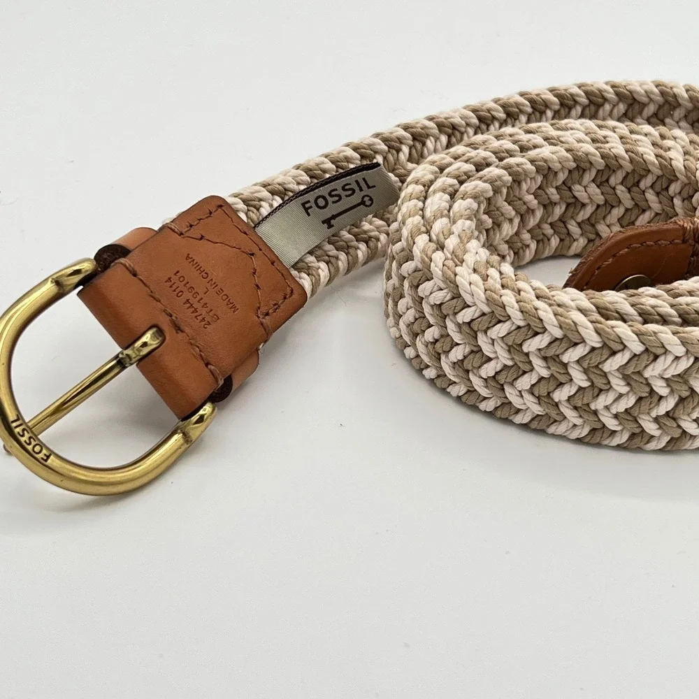 Fossil Braided Elastic Belt Unisex Size L Tan Cream Chevron‎ Brass Buckle Casual